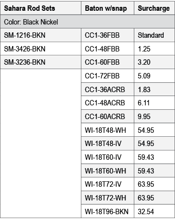 Sahara Rod Sets,Baton w/snap,Surcharge,Color: Black Nickel,SM 1216 BKN,CC1 36FBB,Standard,SM 3426 BKN,CC1 48FBB,1.25,...