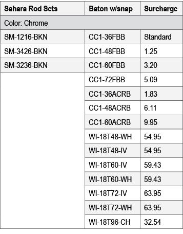 Sahara Rod Sets,Baton w/snap,Surcharge,Color: Chrome,SM 1216 BKN,CC1 36FBB,Standard,SM 3426 BKN,CC1 48FBB,1.25,SM 323...