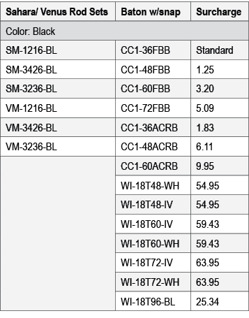 Sahara/ Venus Rod Sets,Baton w/snap,Surcharge,Color: Black,SM 1216 BL,CC1 36FBB,Standard,SM 3426 BL,CC1 48FBB,1.25,SM...