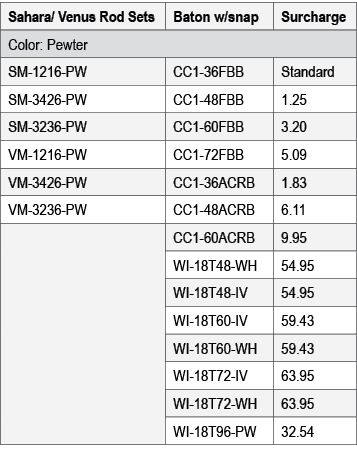Sahara/ Venus Rod Sets,Baton w/snap,Surcharge,Color: Pewter,SM 1216 PW,CC1 36FBB,Standard,SM 3426 PW,CC1 48FBB,1.25,S...
