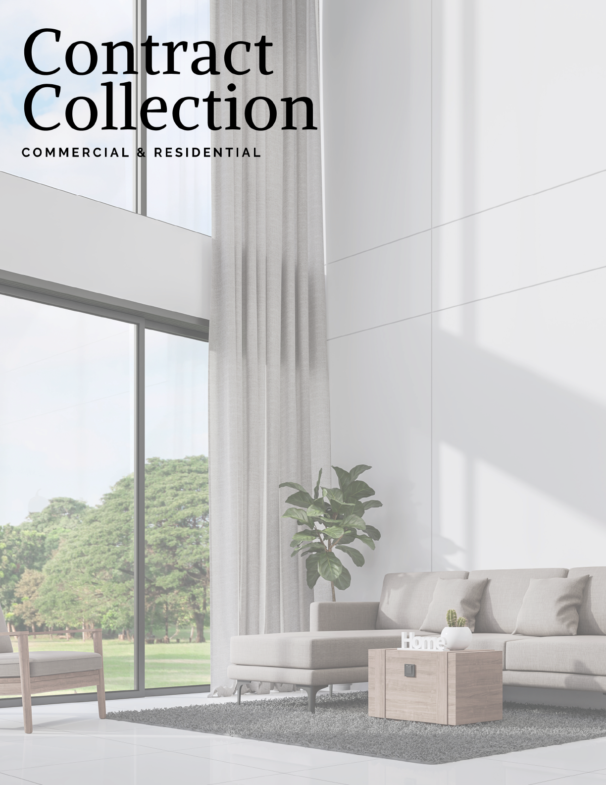 A white living room with a couch, chair, and potted plant. The room is decorated in neutral tones and features a large window. AI generated content