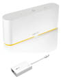 A white device with a yellow stripe is sitting on a white background. AI generated content