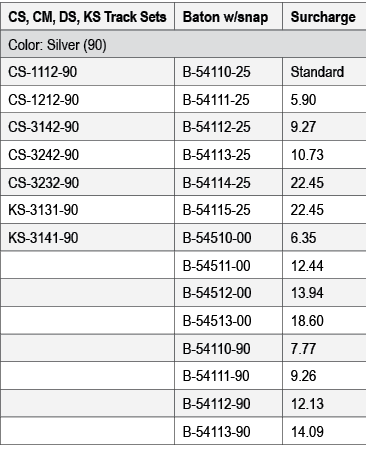 CS, CM, DS, KS Track Sets,Baton w/snap,Surcharge,Color: Silver (90),CS 1112 90,B 54110 25,Standard,CS 1212 90,B 54111...
