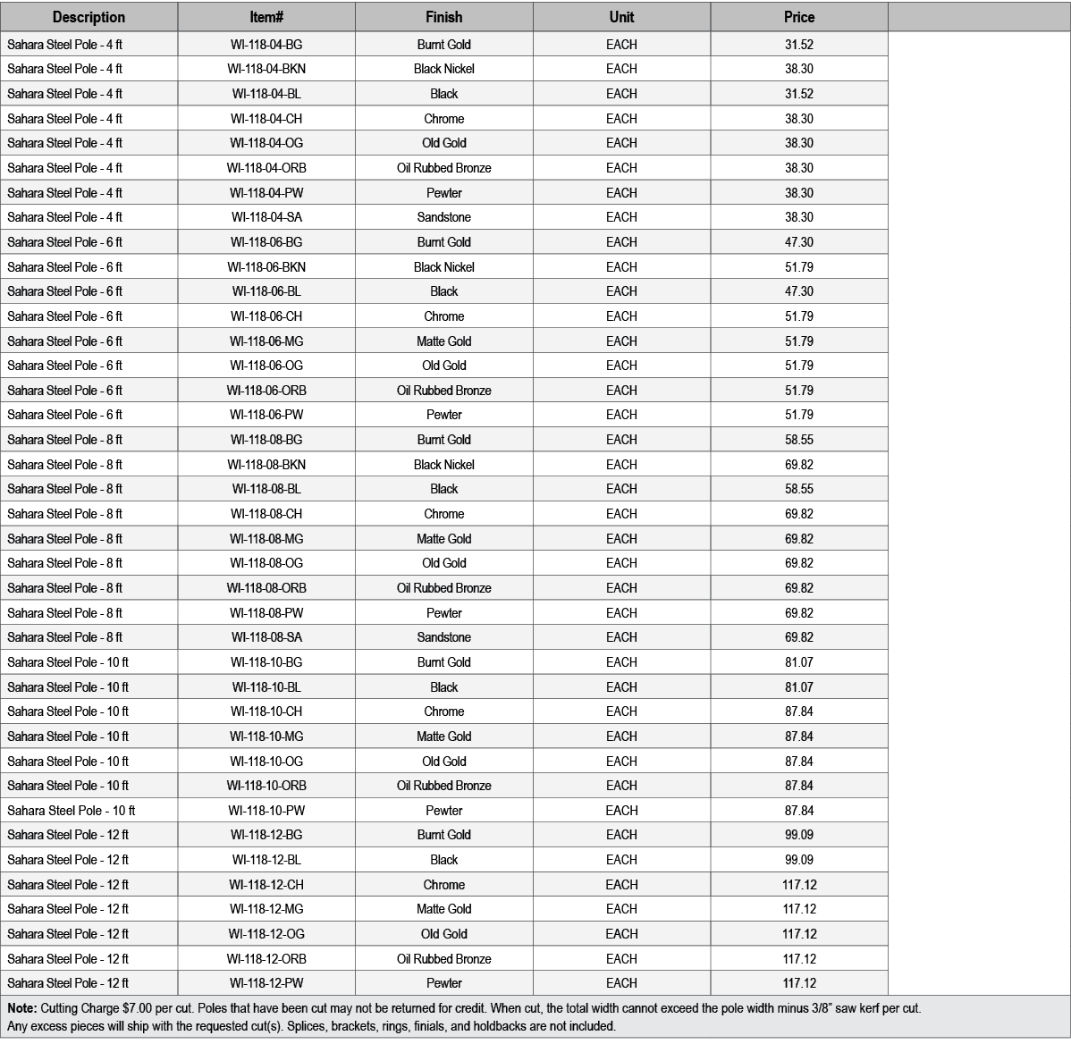 Description,Item#,Finish,Unit,Price,,Sahara Steel Pole 4 ft,WI 118 04 BG,Burnt Gold,EACH,31.52,,Sahara Steel Pole 4 f...
