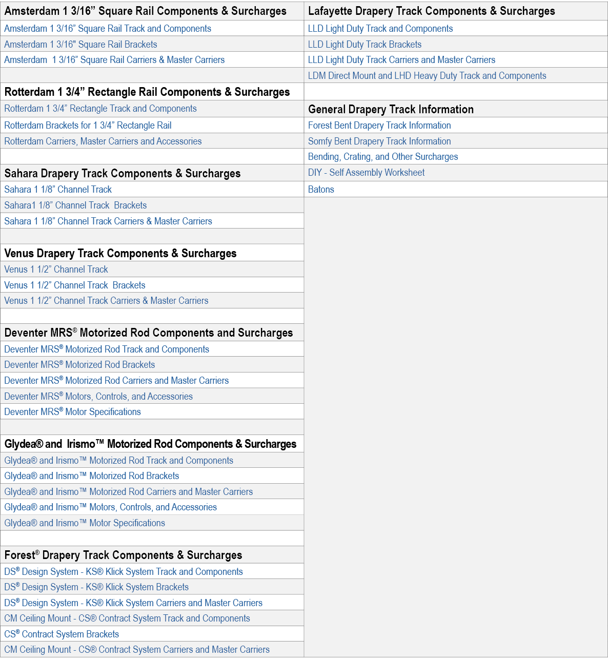Amsterdam 1 3/16” Square Rail Components & Surcharges,Lafayette Drapery Track Components & Surcharges,Amsterdam 1 3/1...