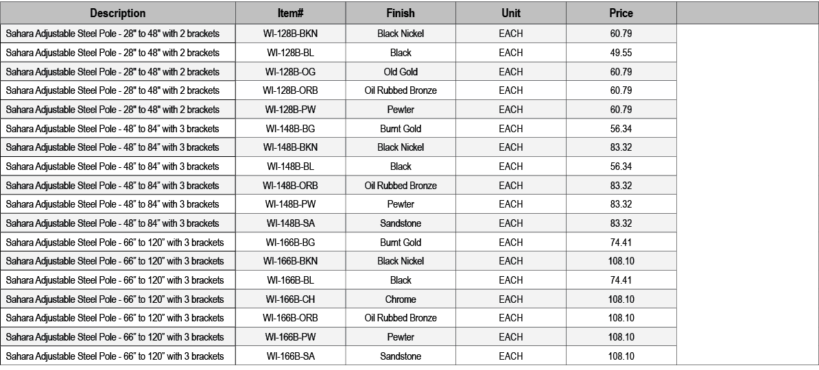 Description,Item#,Finish,Unit,Price,,Sahara Adjustable Steel Pole 28\“ to 48\" with 2 brackets ,WI 128B BKN,Black Nic...