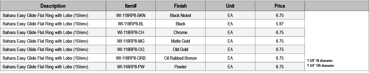 Description,Item#,Finish,Unit,Price,,Sahara Easy Glide Flat Ring with Lobe (10/env),WI 118RP8 BKN,Black Nickel,EA,6.7...