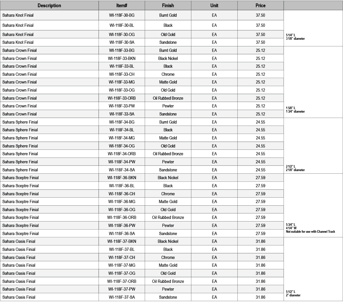 Description,Item#,Finish,Unit,Price,,Sahara Knot Finial ,WI 118F 30 BG,Burnt Gold,EA,37.50, 5 1/4” L 3 1/8” diameter ...