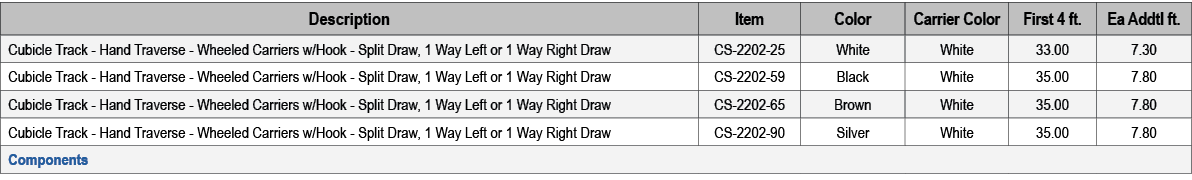 Description,Item,Color,Carrier Color,First 4 ft.,Ea Addtl ft.,Cubicle Track Hand Traverse Wheeled Carriers w/Hook Spl...