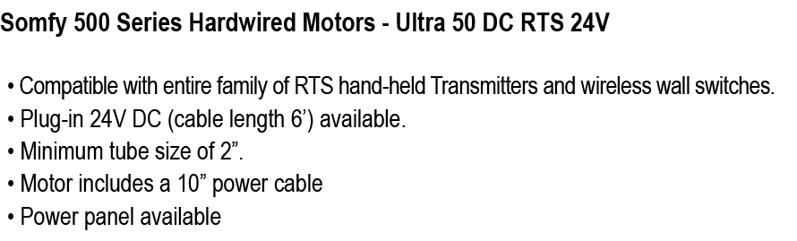 Somfy 500 Series Hardwired Motors Ultra 50 DC RTS 24V 