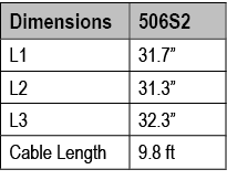 Dimensions,506S2,L1,31.7”,L2 ,31.3”,L3 ,32.3”,Cable Length ,9.8 ft