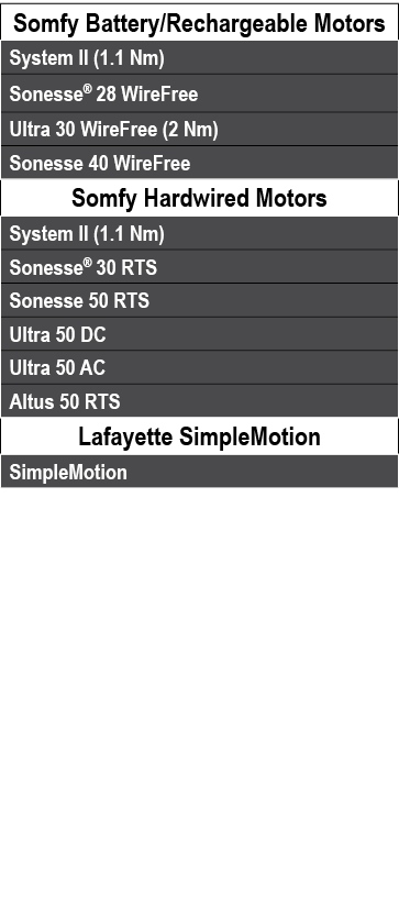 Somfy Battery/Rechargeable Motors,System II (1.1 Nm),Sonesse® 28 WireFree,Ultra 30 WireFree (2 Nm),Sonesse 40 WireFre...
