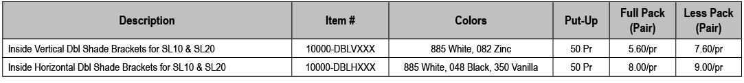 Description,Item #,Colors,Put Up,Full Pack (Pair),Less Pack (Pair),Inside Vertical Dbl Shade Brackets for SL10 & SL20...