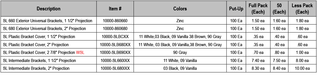 Description,Item #,Colors,Put Up,Full Pack (Each),50 (Each),Less Pack (Each),SL 660 Exterior Universal Brackets, 1 1/...