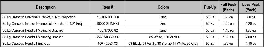 Description,Item #,Colors,Put Up,Full Pack (Each),Less Pack (Each),SL Lg Cassette Universal Bracket, 1 1/2\“ ProjectI...