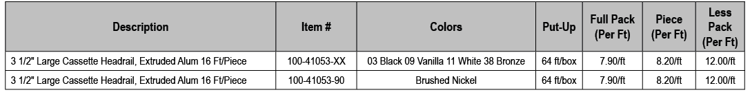 Description,Item #,Colors,Put Up,Full Pack (Per Ft),Piece (Per Ft),Less Pack (Per Ft),3 1/2\“ Large Cassette Headrail...