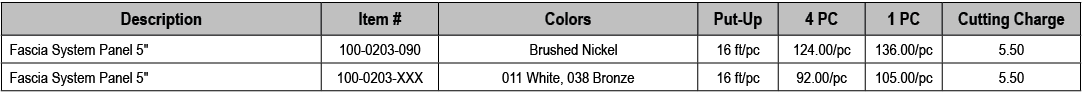Description,Item #,Colors,Put Up,4 PC,1 PC,Cutting Charge,Fascia System Panel 5\“ ,100 0203 090, Brushed Nickel,16 ft...