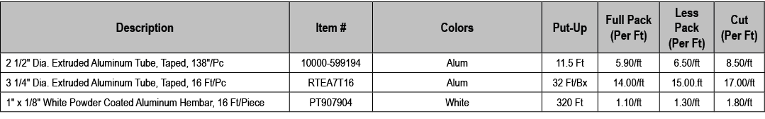 Description,Item #,Colors,Put Up,Full Pack (Per Ft),Less Pack (Per Ft),Cut (Per Ft),2 1/2\“ Dia. Extruded Aluminum Tu...