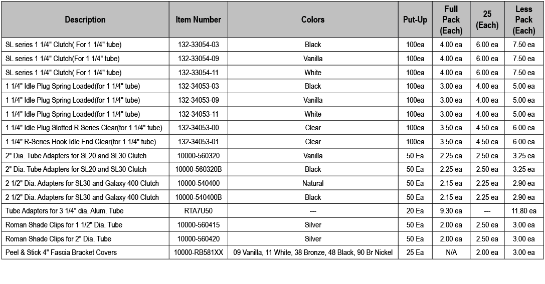 Description,Item Number,Colors,Put Up,Full Pack (Each),25 (Each),Less Pack (Each),SL series 1 1/4\“ Clutch( For 1 1/4...