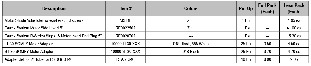 Description,Item #,Colors,Put Up,Full Pack (Each),Less Pack (Each),Motor Shade Yoke Idler w/ washers and screws ,MSID...
