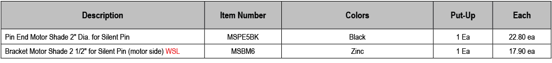 Description,Item Number,Colors,Put Up,Each,Pin End Motor Shade 2\“ Dia. for Silent Pin,MSPE5BK,Black,1 Ea,22.80 ea,Br...