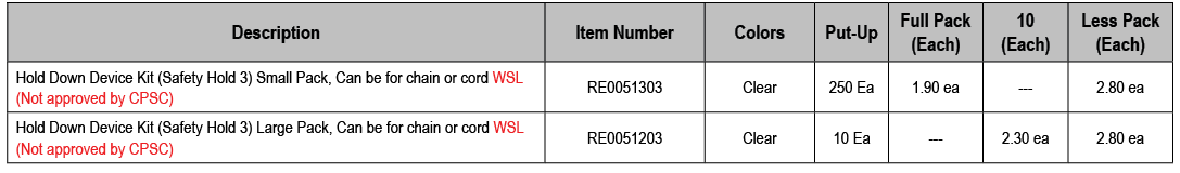 Description,Item Number,Colors,Put Up,Full Pack (Each),10 (Each),Less Pack (Each),Hold Down Device Kit (Safety Hold 3...
