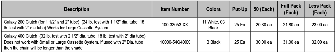 Description,Item Number,Colors,Put Up,50 (Each),Full Pack (Each),Less Pack (Each),Galaxy 200 Clutch (for 1 1/2\“ and ...