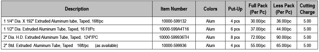 Description,Item Number,Colors,Put Up,Full Pack (Per Pc),Less Pack (Per Pc),Cutting Charge,1 1/4\“ Dia. X 192\" Extru...
