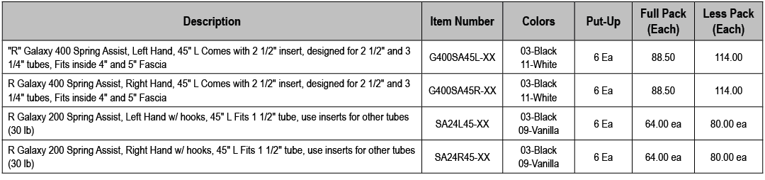 Description,Item Number,Colors,Put Up,Full Pack (Each),Less Pack (Each),\“R\" Galaxy 400 Spring Assist, Left Hand, 45...