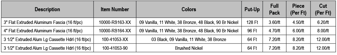 Description,Item Number,Colors,Put Up,Full Pack,Piece (Per Ft),Cut (Per Ft),3\“ Flat Extruded Aluminum Fascia (16 ft/...