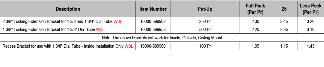 Description,Item Number,Put Up,Full Pack (Per Pr),25,Less Pack (Per Pr),2 3/8\“ Locking Extension Bracket for 1 3/8 a...