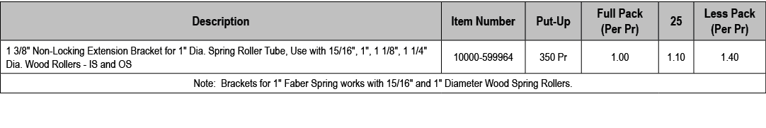 Description,Item Number,Put Up,Full Pack (Per Pr),25,Less Pack (Per Pr),1 3/8\“ Non Locking Extension Bracket for 1\"...