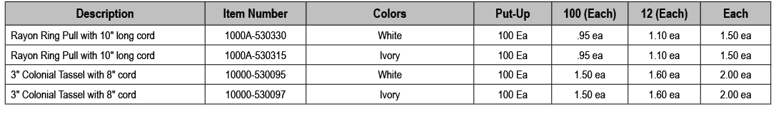 Description,Item Number,Colors,Put Up,100 (Each),12 (Each),Each,Rayon Ring Pull with 10\“ long cord,1000A 530330,Whit...