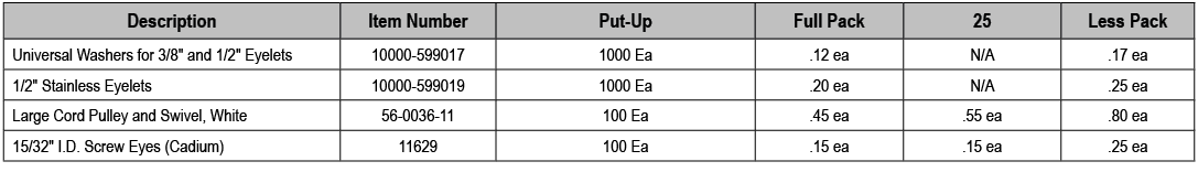 Description,Item Number,Put Up,Full Pack,25,Less Pack,Universal Washers for 3/8\“ and 1/2\" Eyelets,10000 599017,1000...