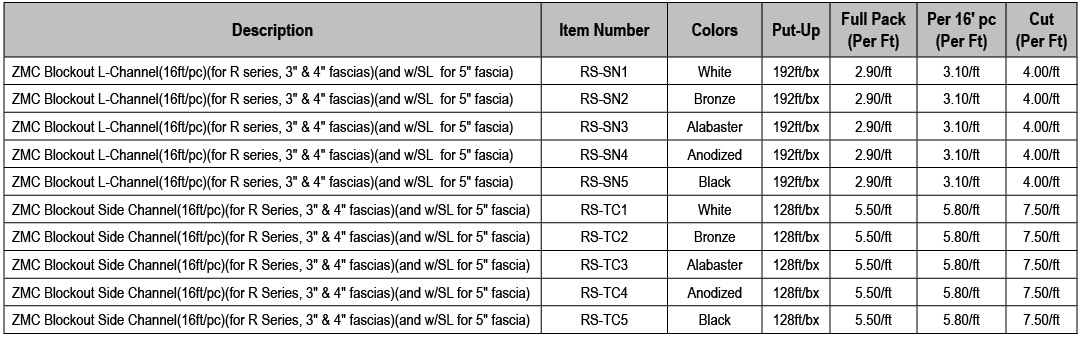 Description,Item Number,Colors,Put Up,Full Pack (Per Ft) ,Per 16' pc (Per Ft),Cut (Per Ft),ZMC Blockout L Channel(16f...