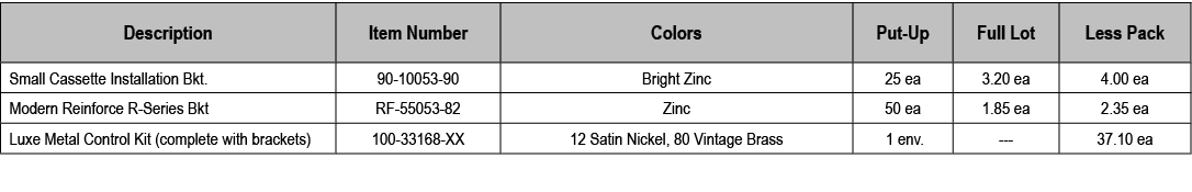 Description,Item Number,Colors,Put Up,Full Lot,Less Pack,Small Cassette Installation Bkt.,90 10053 90,Bright Zinc,25 ...